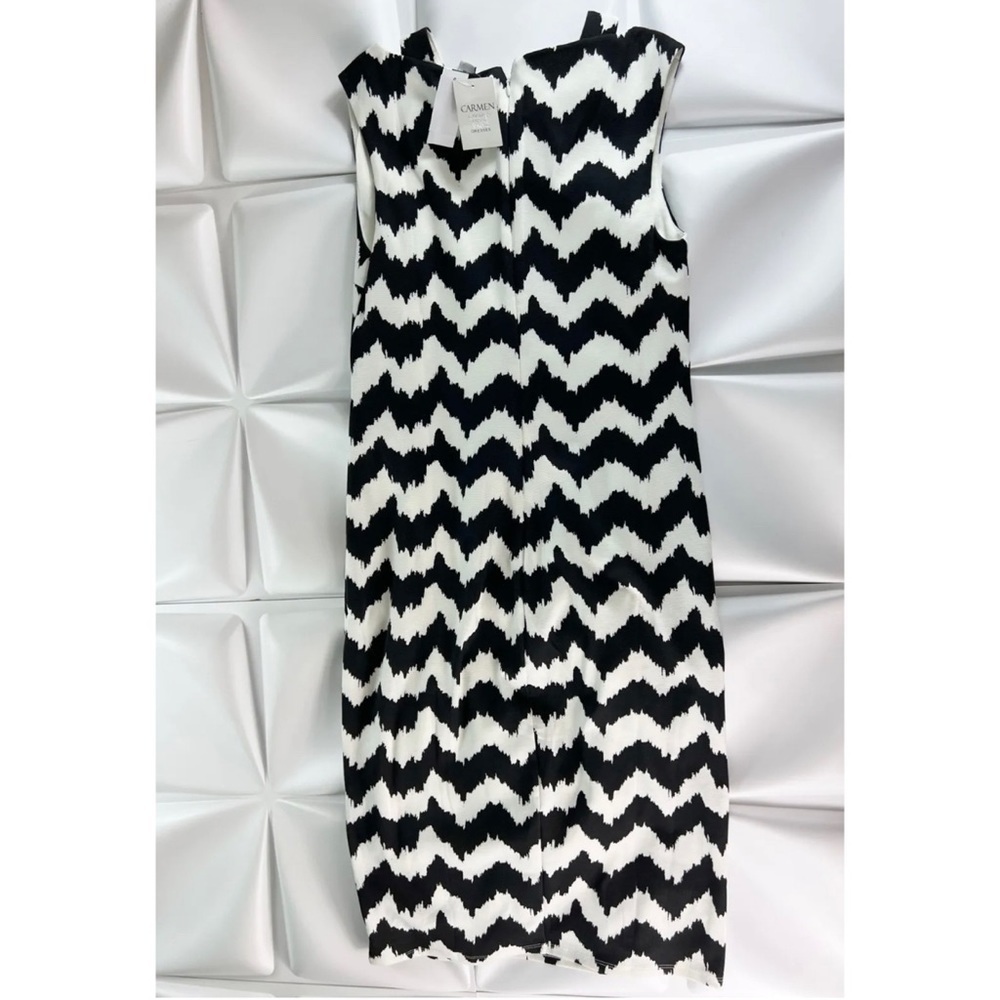 Carmen Marc Valvo Sz M Black Ivory Chevron Print Midi Pencil Sheath Dress